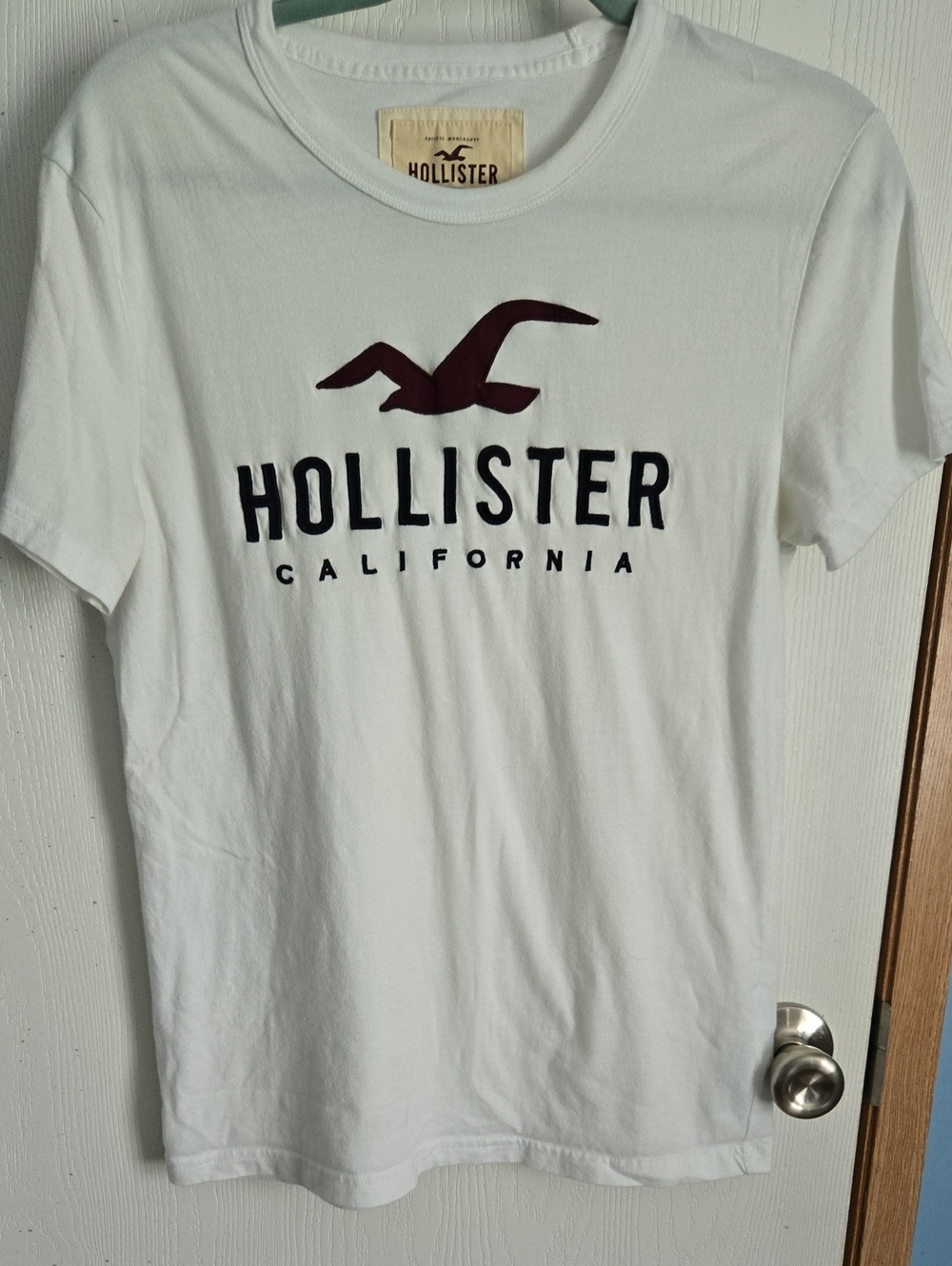 Hollister White Tee with Embroidered Burgundy Seagull and Black Lettering